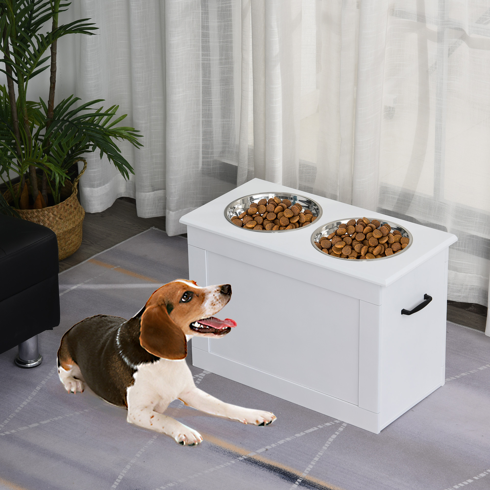 Comedouro elevado para cães PawHut, com 2 tigelas de aço inoxidável e espaço de armazenamento oculto, 60x30x41 cm, branco.