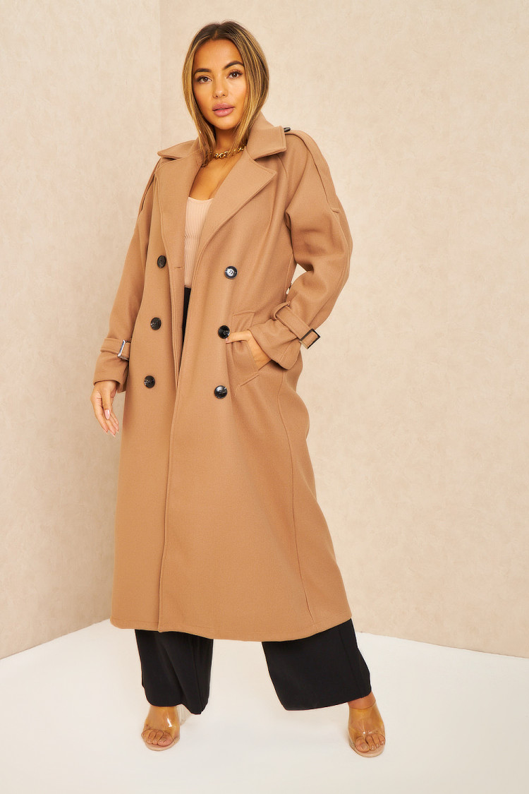 Manteau long duveteux style trench beige foncé