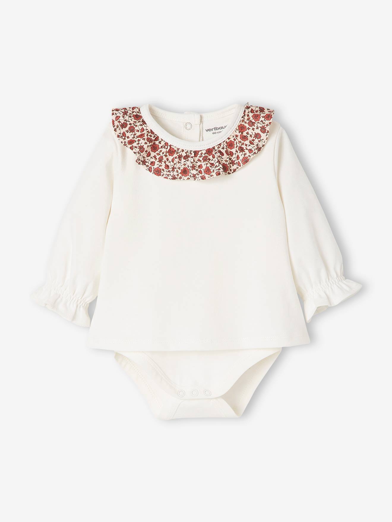 Body de manga comprida com gola franzida, para bebê, liso branco claro com estampas.