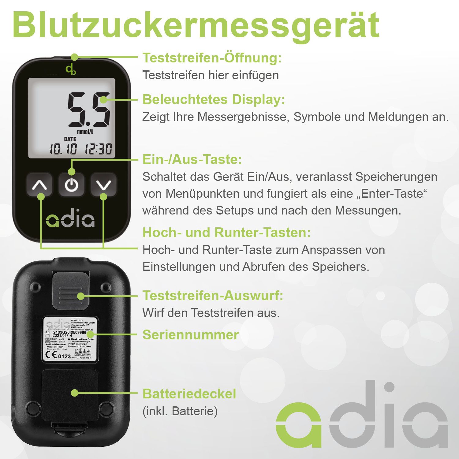 adia Blutzuckerteststreifen (60 Stück) mit Messgerät (mmol/L) und 110 Lanzetten als Komplett-Set
