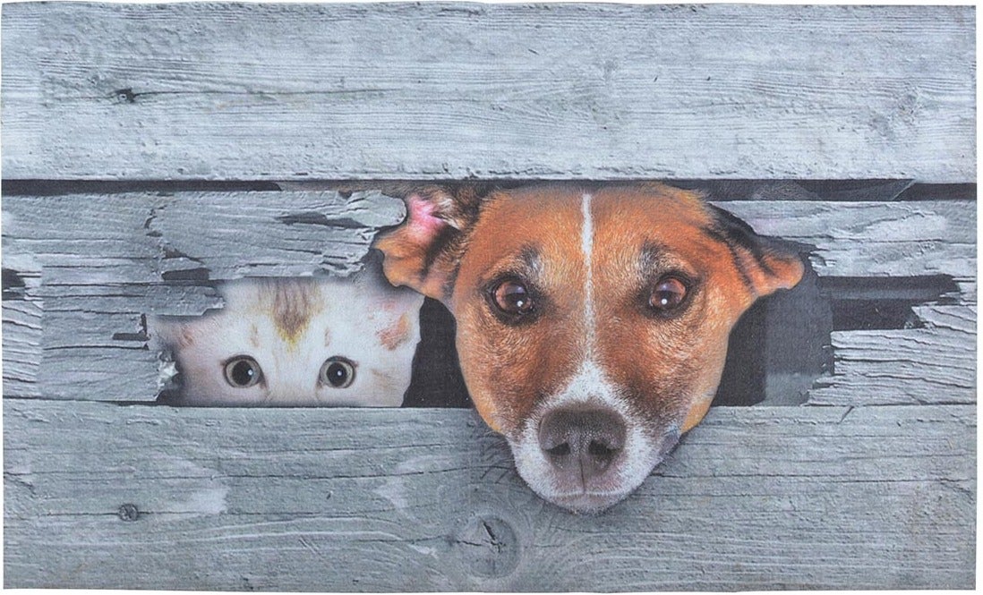 Esschert Design droogloopmat Kiekeboe hond en kat grijs 75 x 45,4 cm
