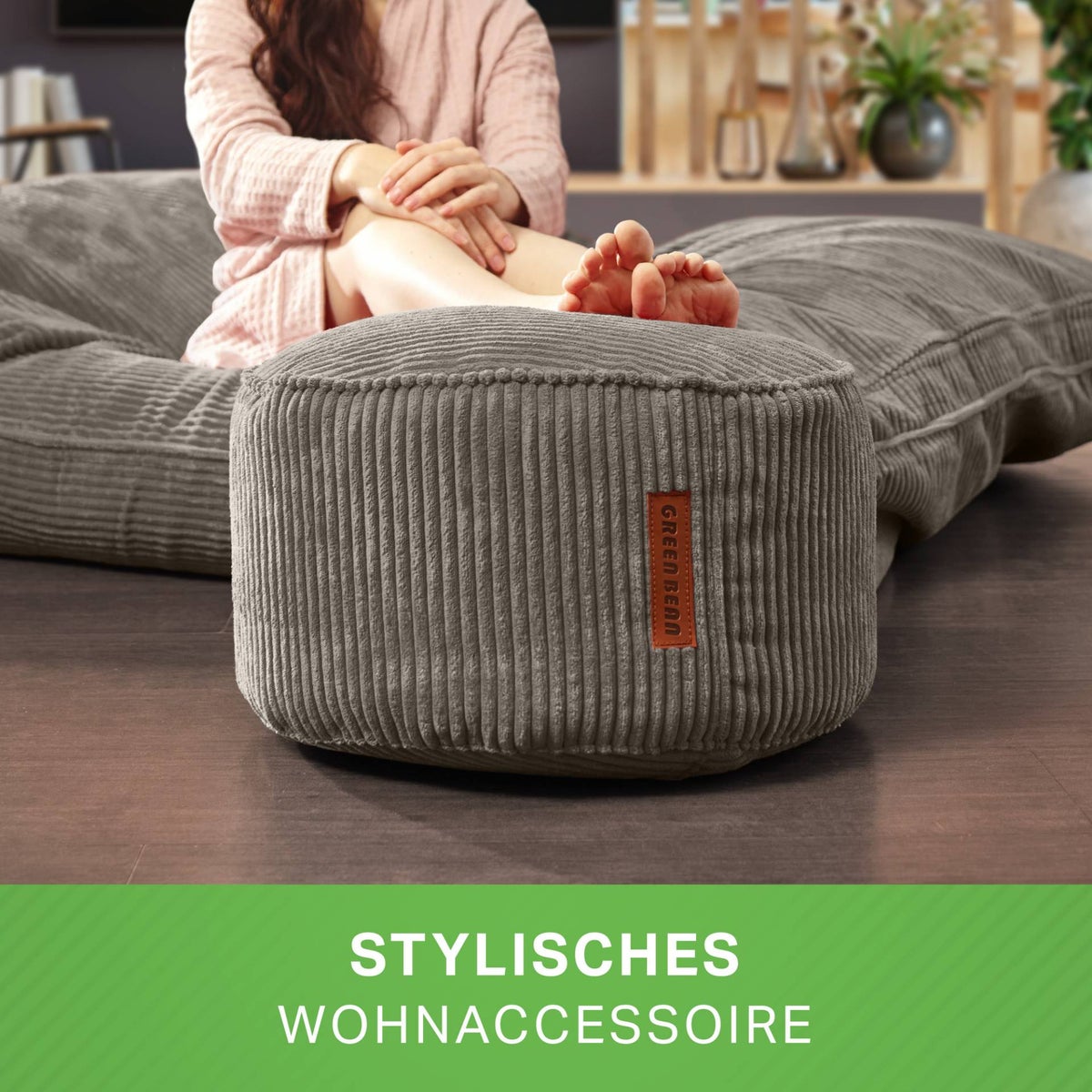 Green Bean Pouf Kussen 45x25cm met EPS-korrelvulling & corduroystof, vloerkussen, ligbedkussen, zitkussen, poef, fauteuil, kinderen, volwassenen, stoffen kruk, opbergplank, antraciet