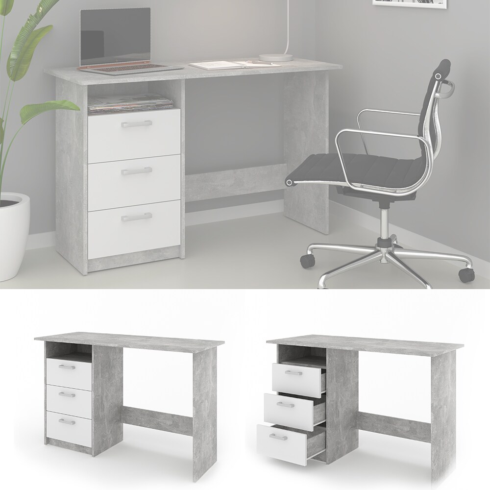 VICCO Schreibtisch MEIKO Weiß Beton Optik Arbeitstisch Bürotisch Regal PC Tisch