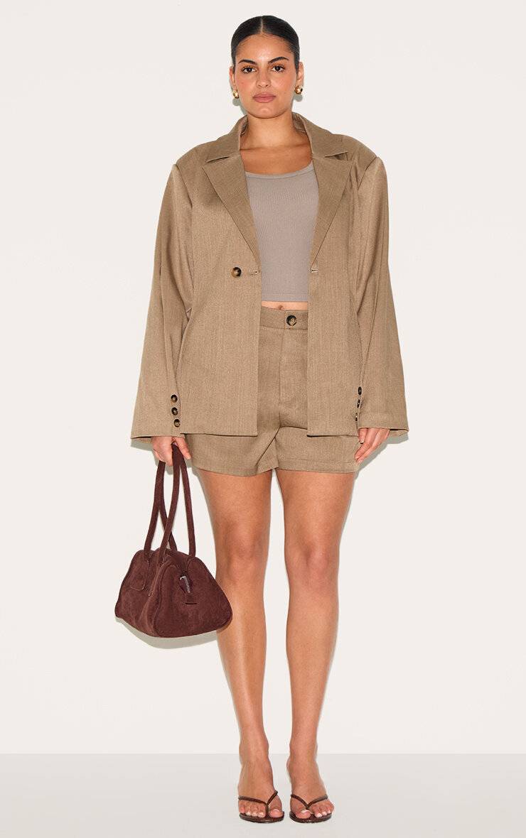 Light Brown Ensemble Coordonné Grande Taille Blazer Ajusté Tissé Avec Taille Cintrée