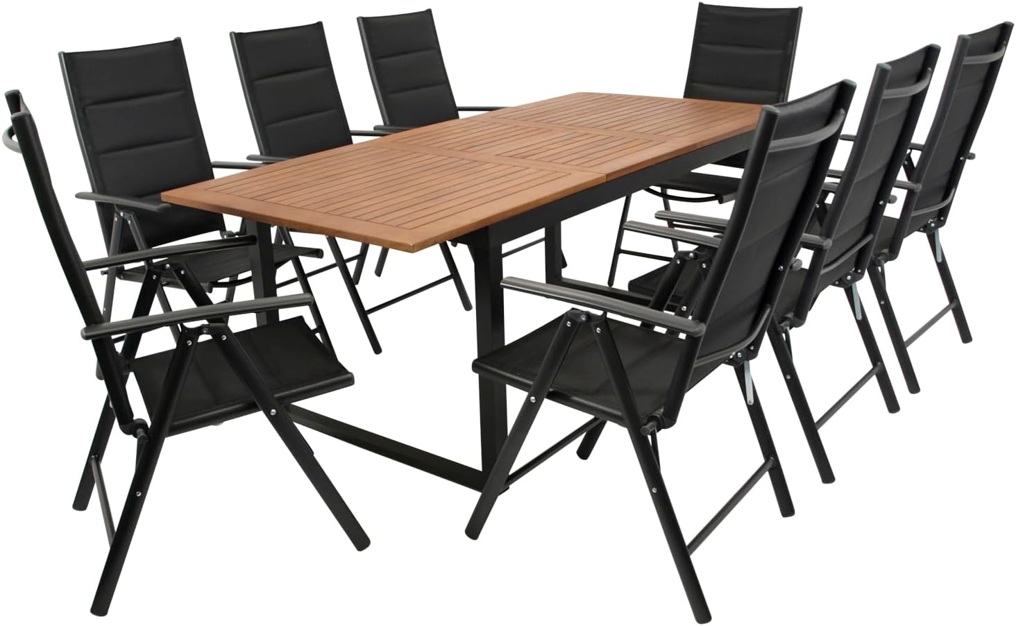 DEGAMO Gartenset Garnitur RIVELLO 9-teilig (8X Klappsessel, 1x Ausziehtisch 150/200x90cm), Alu anthrazit + Akazie geölt