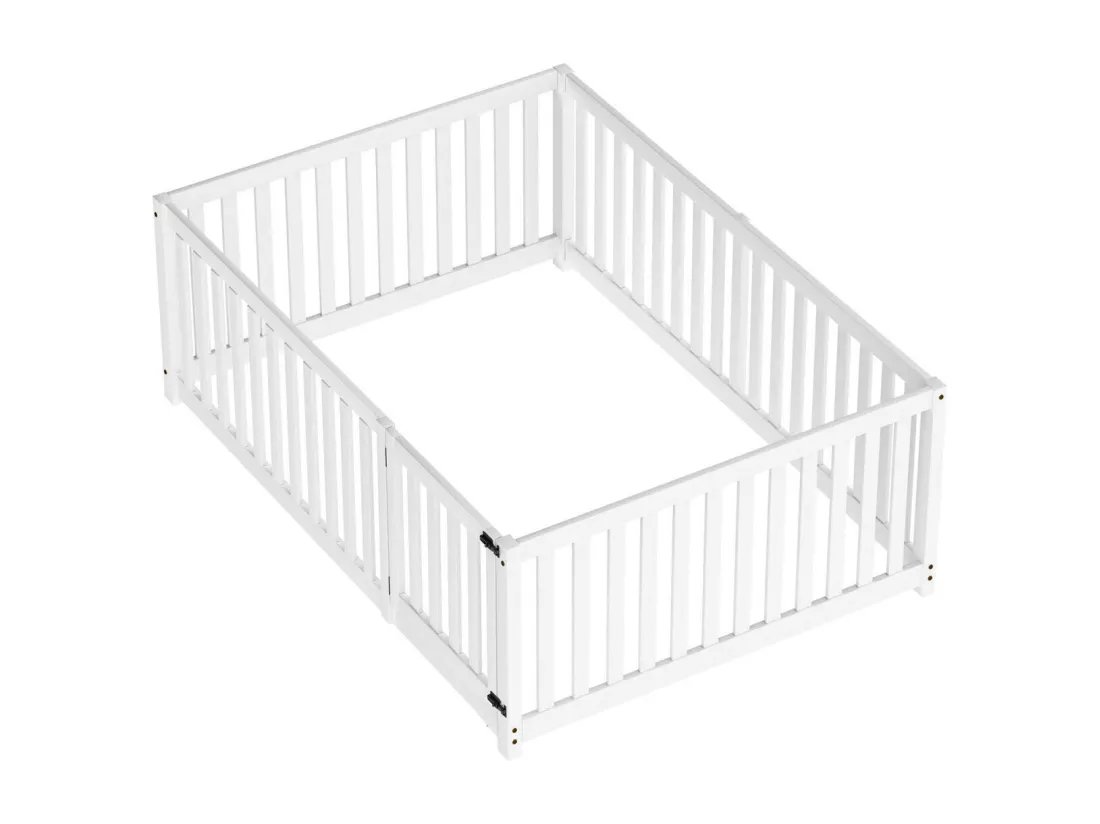 Lit cabane enfant 140x200cm, cadre de lit, sans sommier à lattes, lit enfant avec clôture et porte, Pin, Blanc