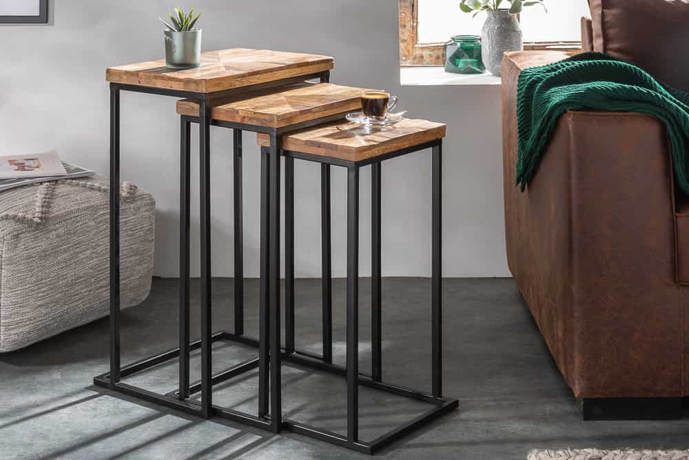Beistelltisch 3er Set INDUSTRIAL 65cm Mangoholz handmade Mosaik schwarzes Metallgestell massiv