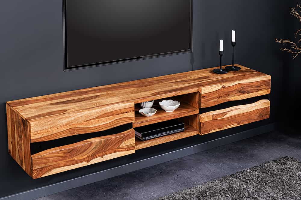 Hängendes TV-Lowboard AMAZONAS 160cm braun Sheesham Massivholz Baumkante Metall schwarz