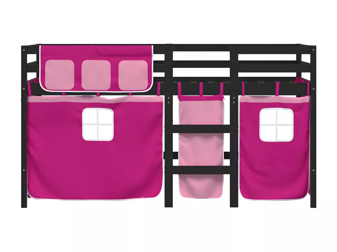 Lit mezzanine enfants et rideaux rose 80x200cm bois pin massif