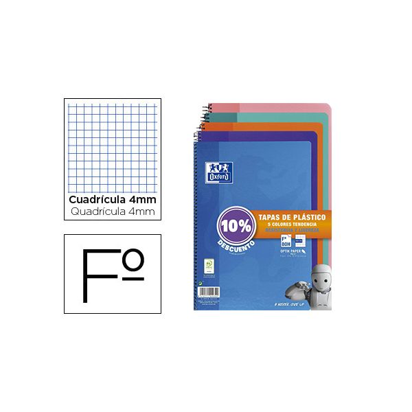 Oxford Caderno Espiral Capa Plastico Folio 80 Folhas Quadricula 4 mm Pack 5 Unidades Cores Tendencias