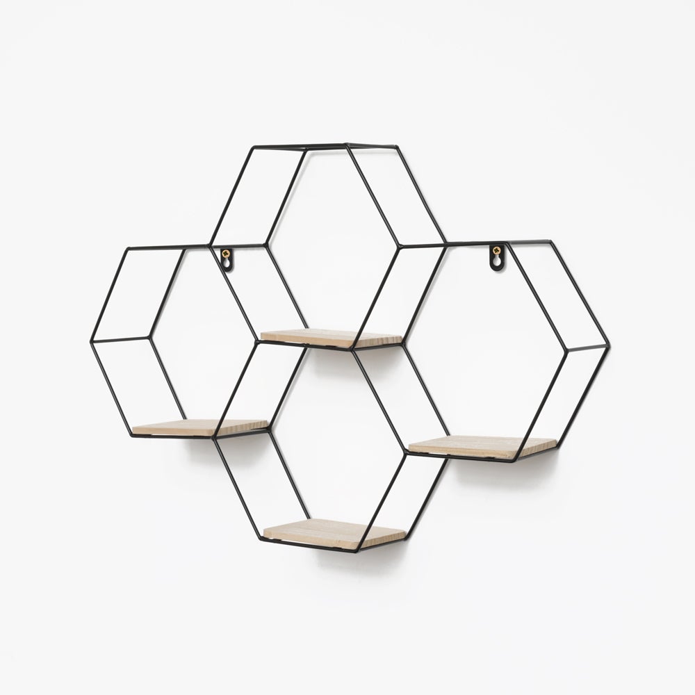 Zeshoekige metalen wandplank met vier niveaus - 40,5 x 58 cm - Zwart