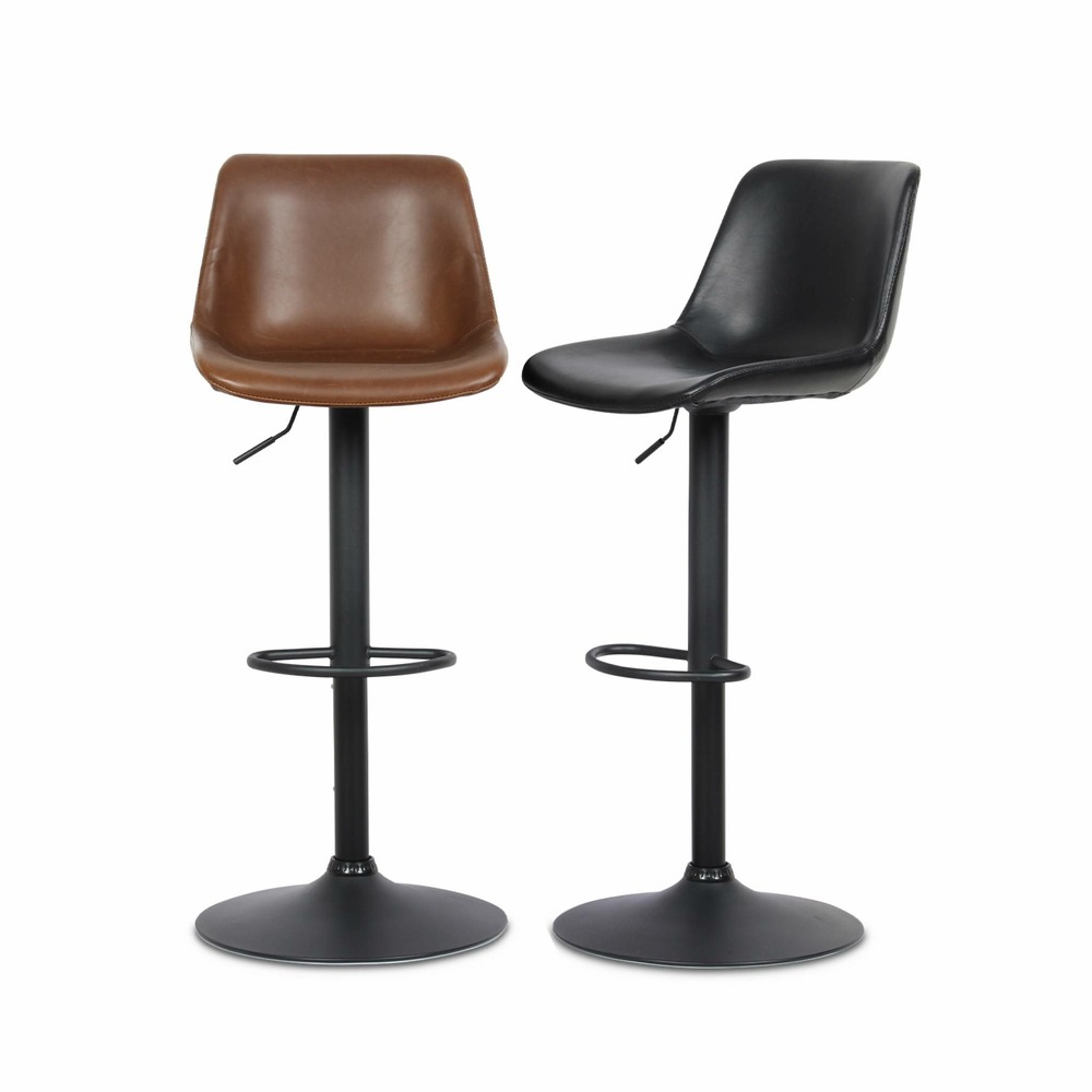 Lot de 2 tabourets de bar réglables - noah - simili cuir noir - hauteur réglable 60.5/81.5cm . Repose-pieds