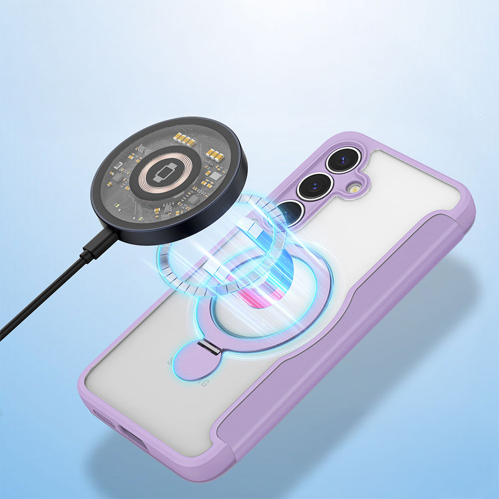 Samsung Galaxy S25 Hybrid Leder Tasche Kickstand Aufsteller   Kunststoff Rückseite MagSafe-Modul - Lila / Transparent