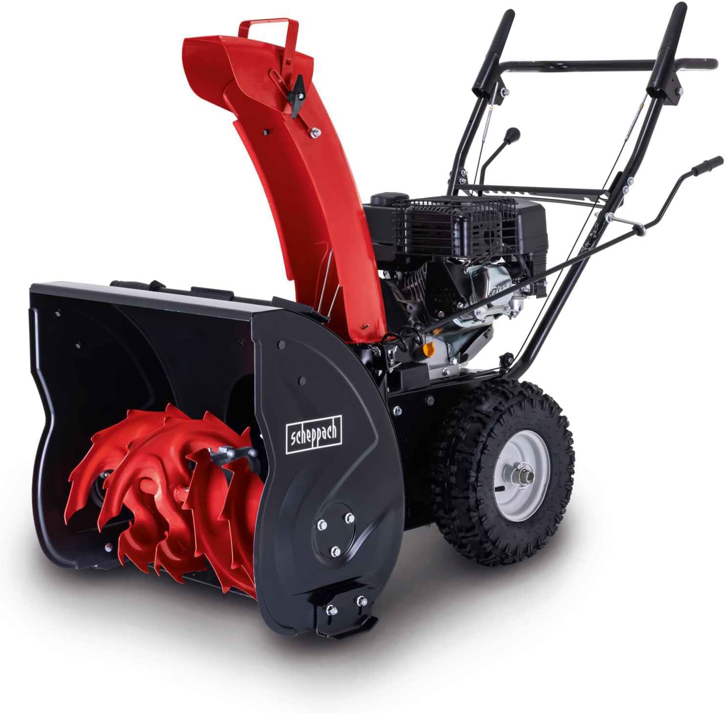 Scheppach Benzin Schneefräse ST570 mit Radantrieb | 5,6 PS | 57cm Arbeitsbreite | 53,5 cm Arbeitshöhe | Wurfweite bis 6m | 6-Vorwärts- & 2-Rückwärtsgänge | 180 Grad Auswurftrichter | Stollenreifen