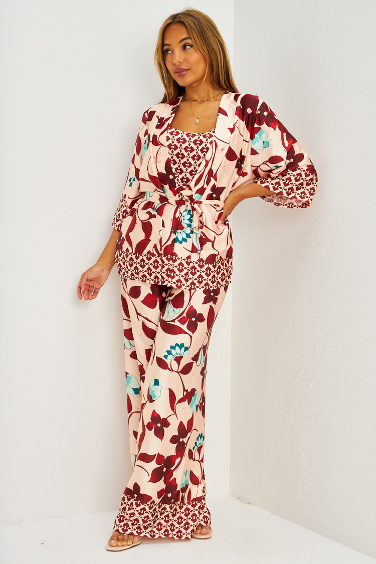 Ensemble satiné 3 pièces top + kimono + pantalon fluide à motifs méditéranéens rose clair et marron