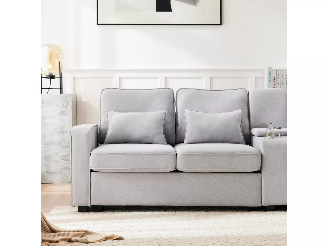 Canapé 4 places en tissu lin - avec 4 oreillers 2 ports USB et porte-gobelets - poches d'accoudoir - 290x83x88cm, Gris