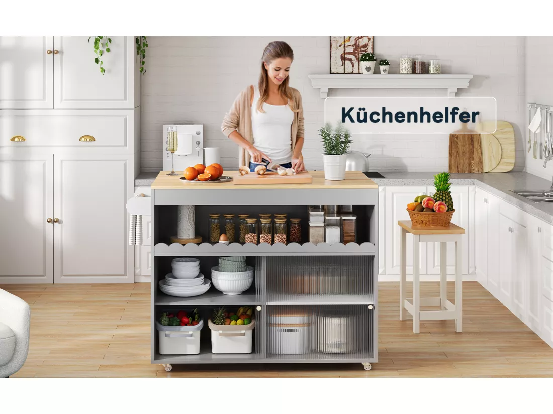 Ilot central de cuisine mobile avec 2 portes coulissantes - plateau extensible - 122x46/69x91 cm - Bois MDF - Gris + naturel