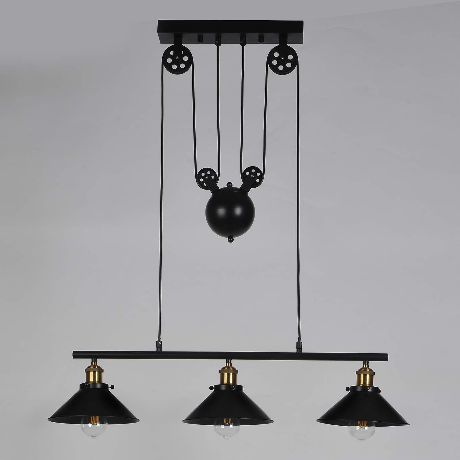 Industrielle Vintage Deckenpendelleuchte, Retro Riemenscheibe aufgehängt Rise and Fall Hängelampe E27 Antike verstellbare schwarze Metallrohr Kronleuchter, Lampe für Kitchen Island Bar Flur Esszimmer