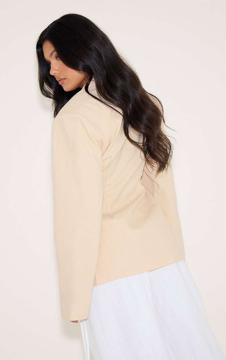 Beige Blazer Cintré Taille Ajustée Aspect Lin