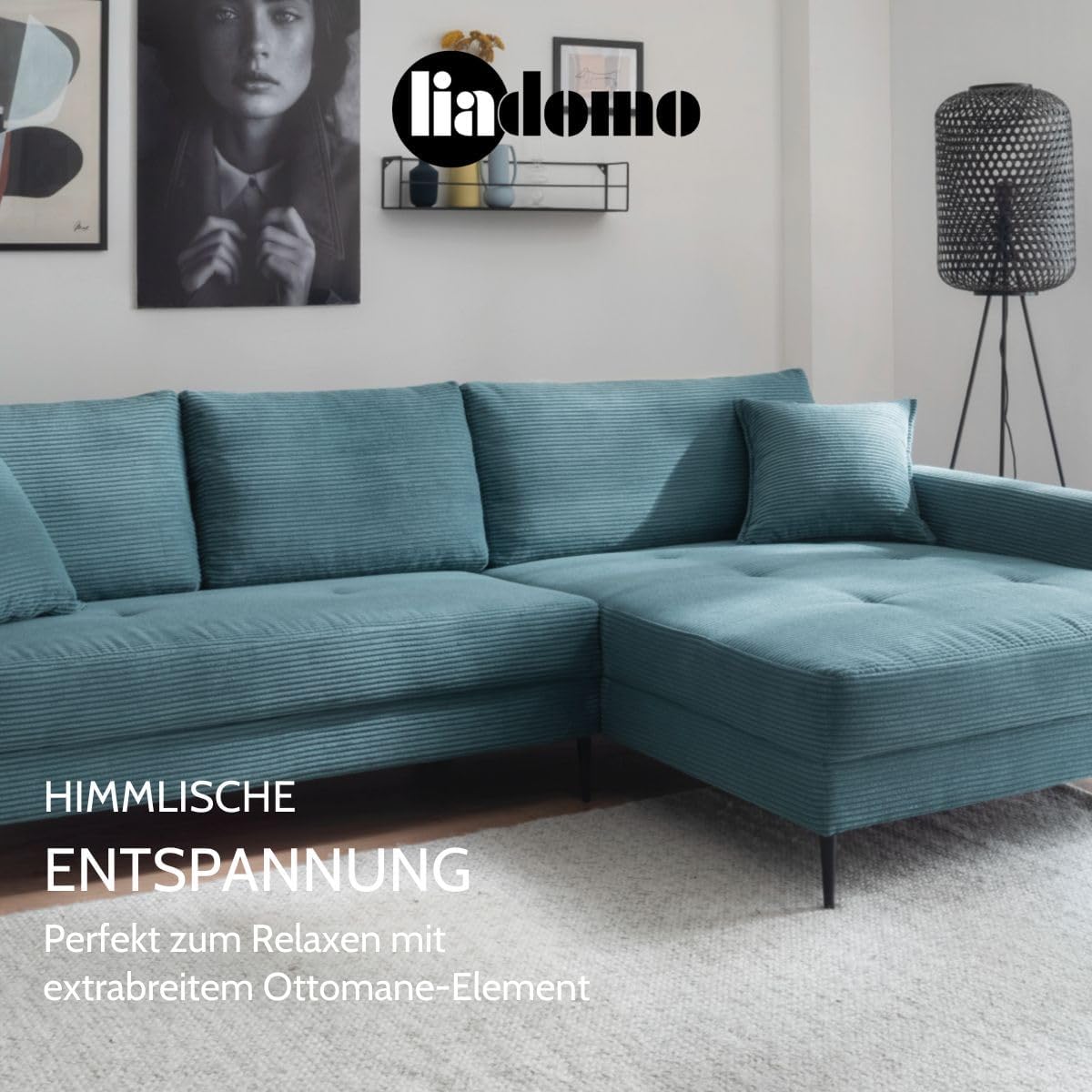 Sofa Hilary Mink, modernes Ecksofa, Cordbezug in Beige, Ottomane rechts, Couch mit hohem Sitzkomfort, pflegeleicht & formstabil, Metallfüße, Sofa in L-Form rechts, Made in Europe