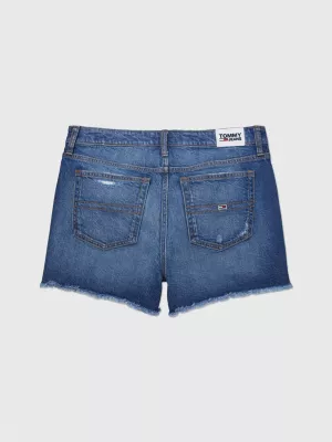 Shorts jeans com barra desfiada e efeito desbotado adaptável