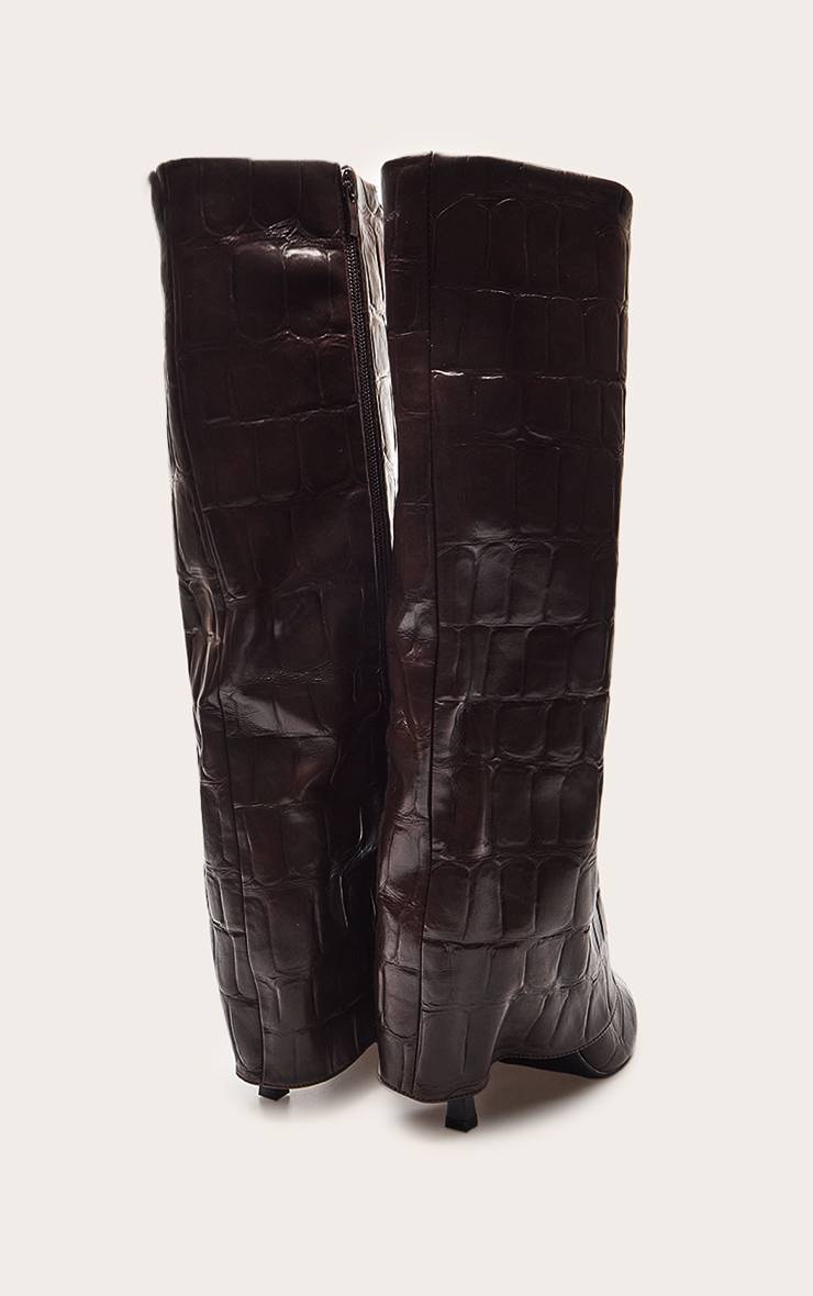 Chocolat Bottes Hautes À Talon En Synthétiquecuir Effet Croco Avec Revers Au Genou