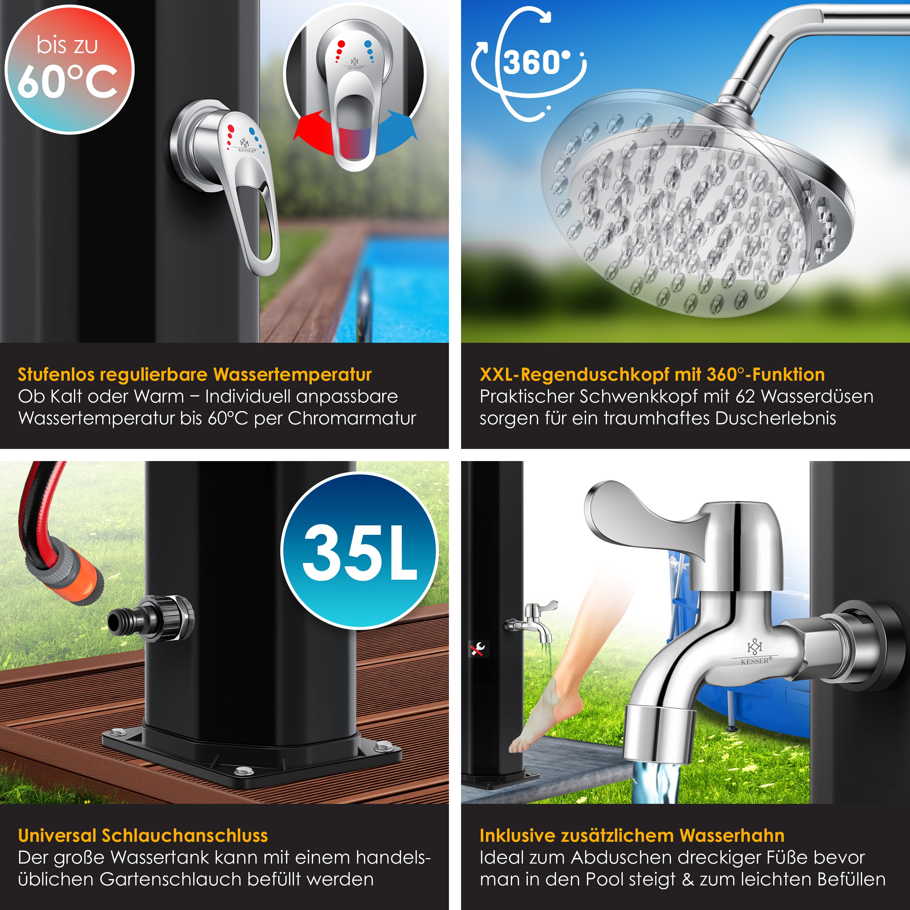 KESSER® Solardusche 35 Liter Solar Gartendusche + Metall-Duschablage | warmes Wasser |max. 60°C | ohne Stromanschluss | Pooldusche Camping| Regenduschkopf und Wasserhahn | Gartenschlauch-Anschluss |