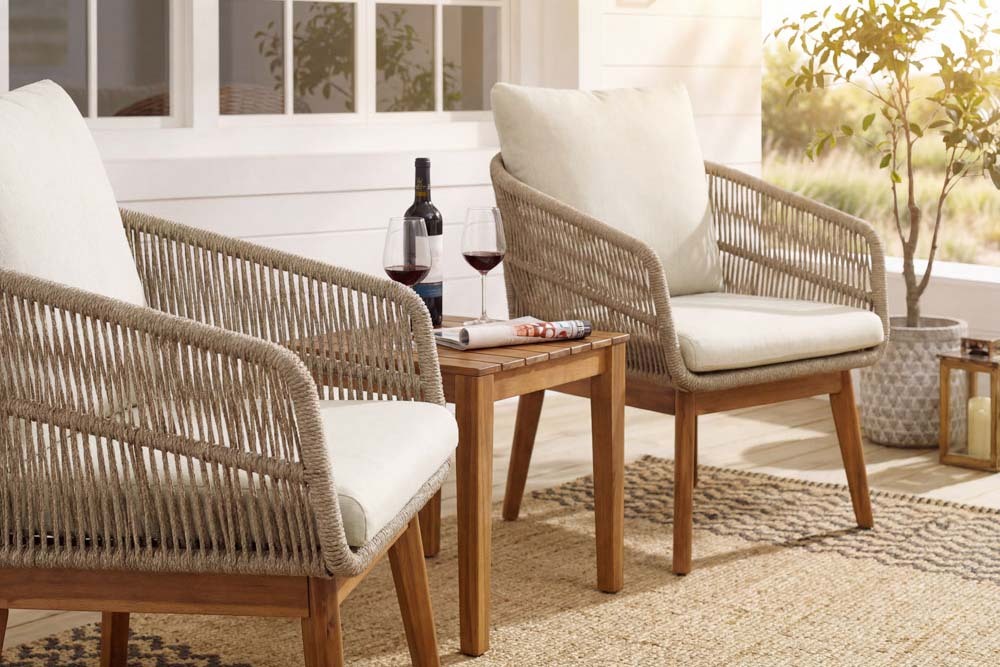 Outdoor Gartenlounge ROPE natur taupe Akazie 2er-Sitzgruppe inkl. Tisch und Kissen