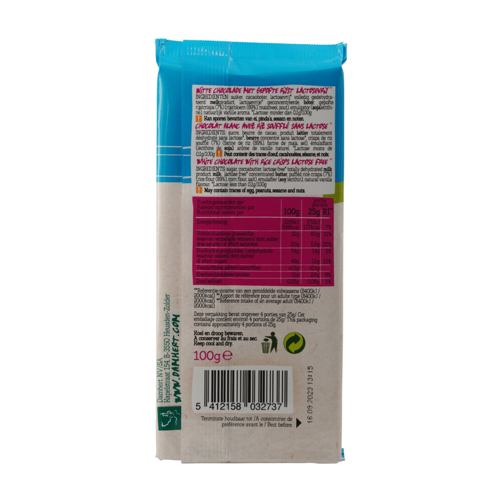 3x Damhert Witte Chocoladetabletten Crisp Glutenvrij100 gr