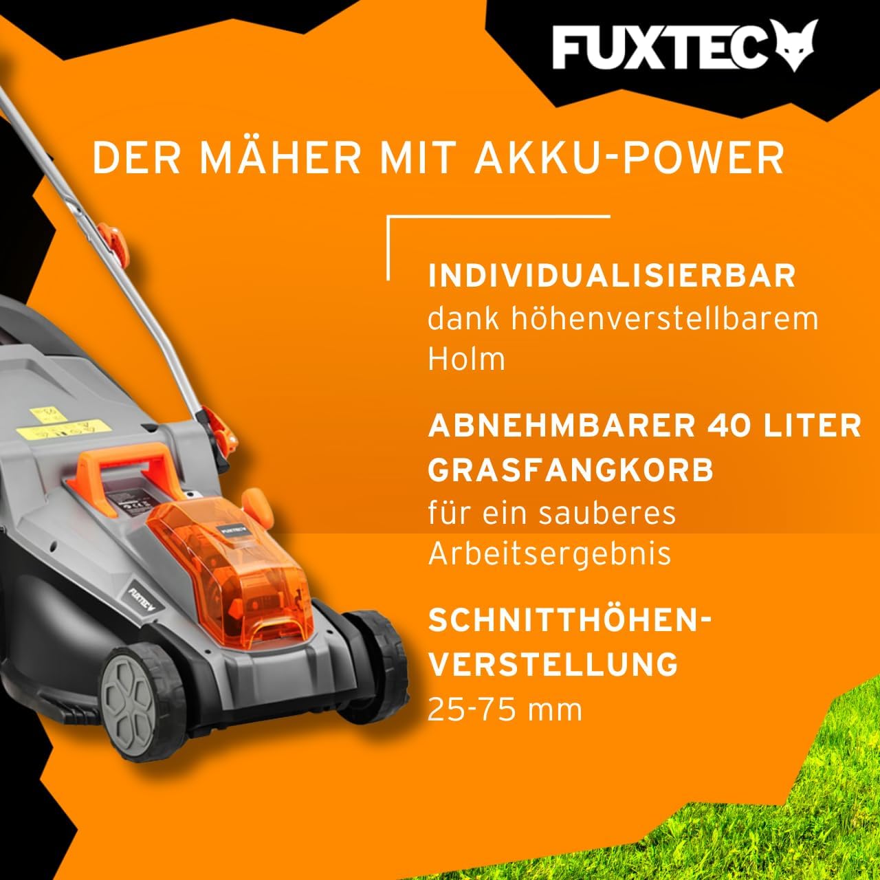 FUXTEC Akku Rasenmäher 40V (2x20V) E2RM37- Schnittbreite 37cm, Variable Schnitthöhe, Elektrorasenmäher, Kabellos (Li-Ion Akku & Ladegerät inklusive)