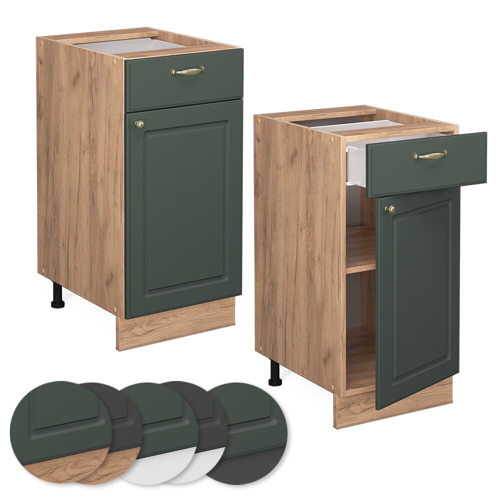 Vicco Schubunterschrank Küchenschrank Küchenmöbel Fame-Line Eiche Grün-Gold Landhaus 40 cm Küche Einbauküche Drehtür Schublade Einlegeboden Blende Küchenzeile
