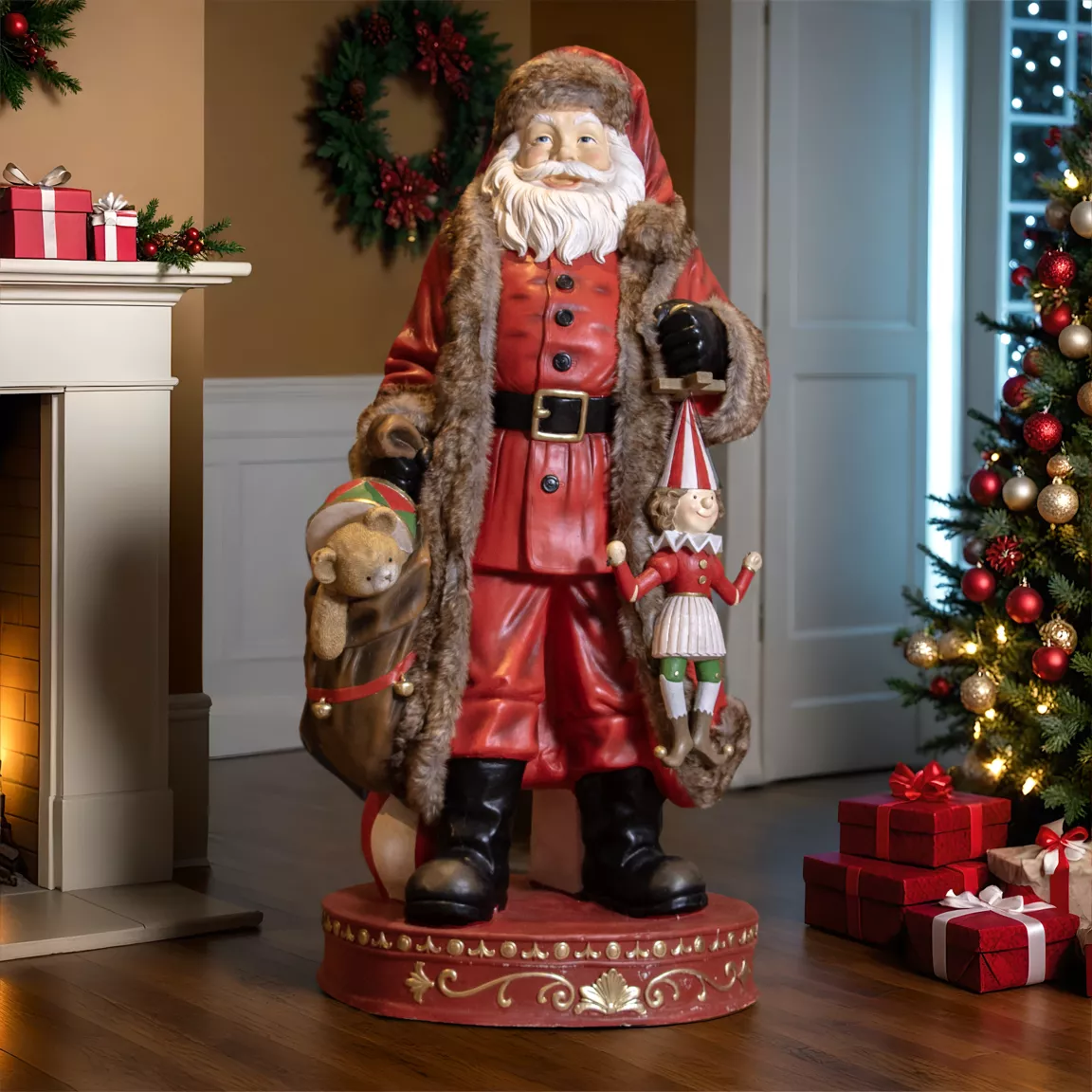 Père Noël traditionnel Géant (H166 cm) Klaus et les cadeaux