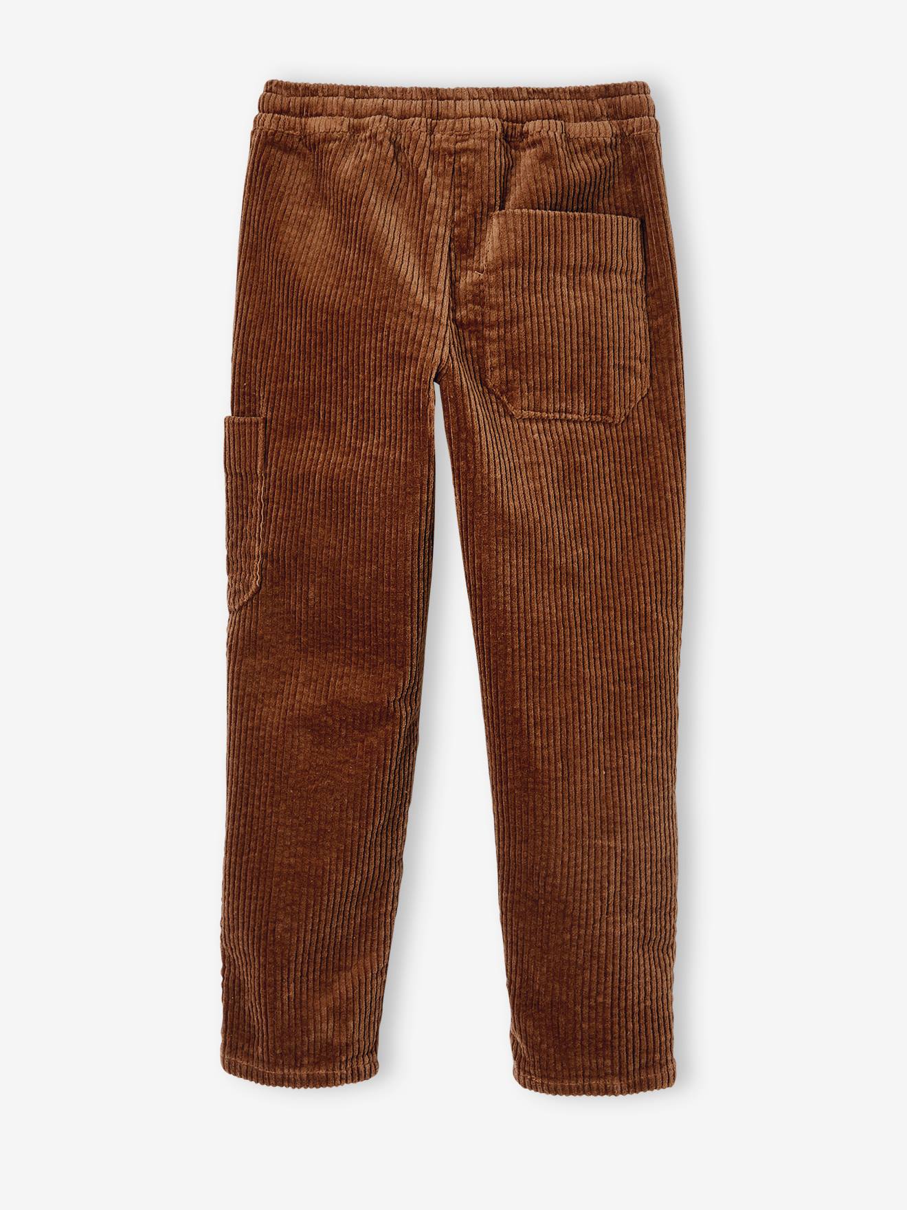 Calças de veludo cotelê sem fecho, para meninos. Marrom médio liso com estampas.