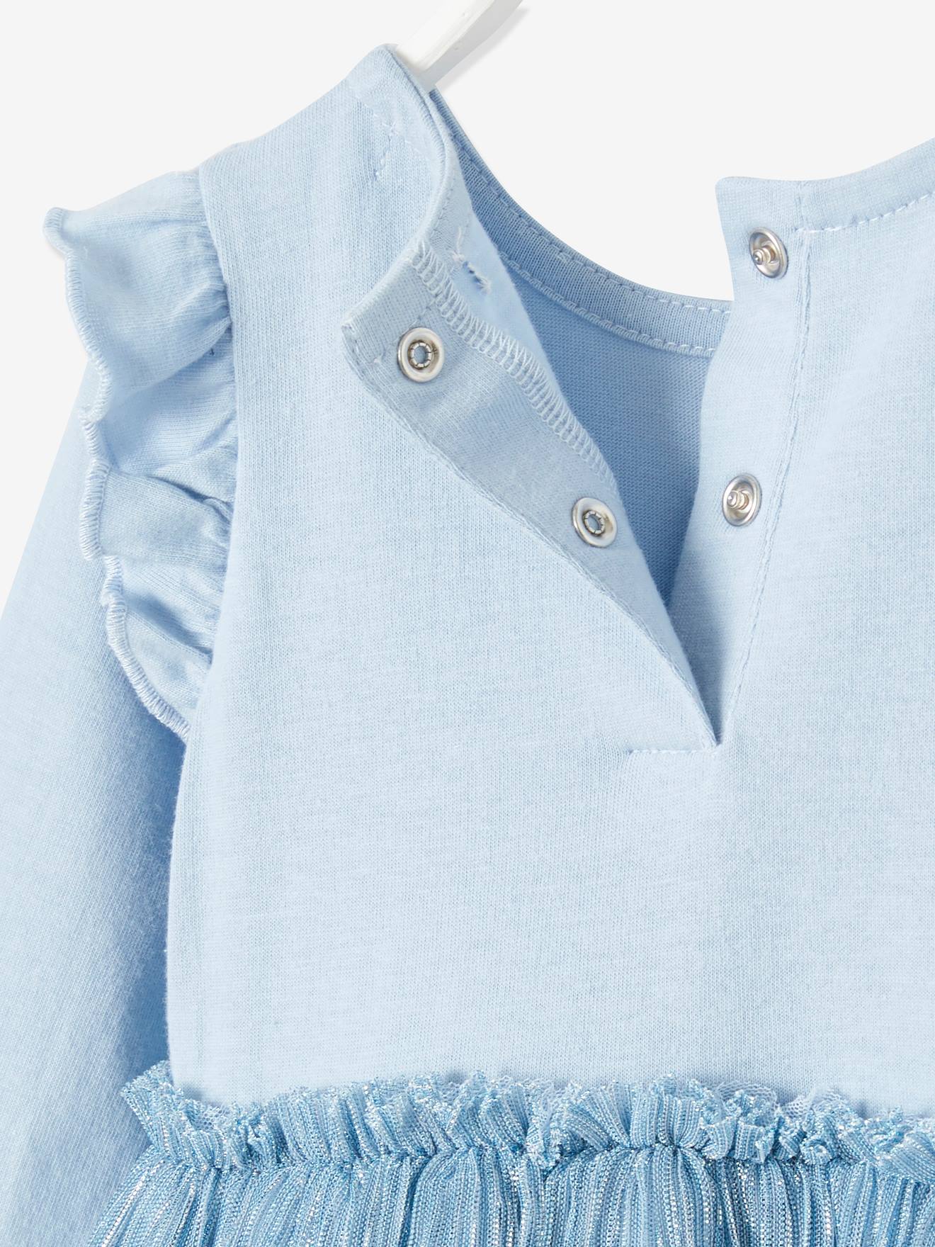 Vestido infantil 2 em 1, azul médio, liso com estampas.
