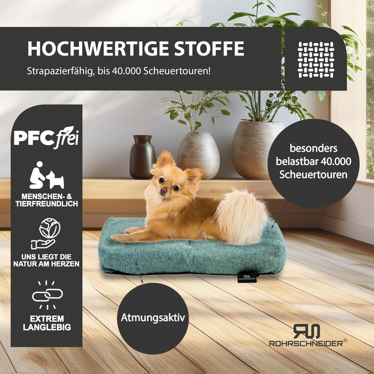 Rohrschneider ® Hundebett mit Anti-Rutsch-Boden, strapazierfähiges Kissen für Hunde und Katzen, B47 x T30 x H7 cm, inkl. Gratis-Wassernapf