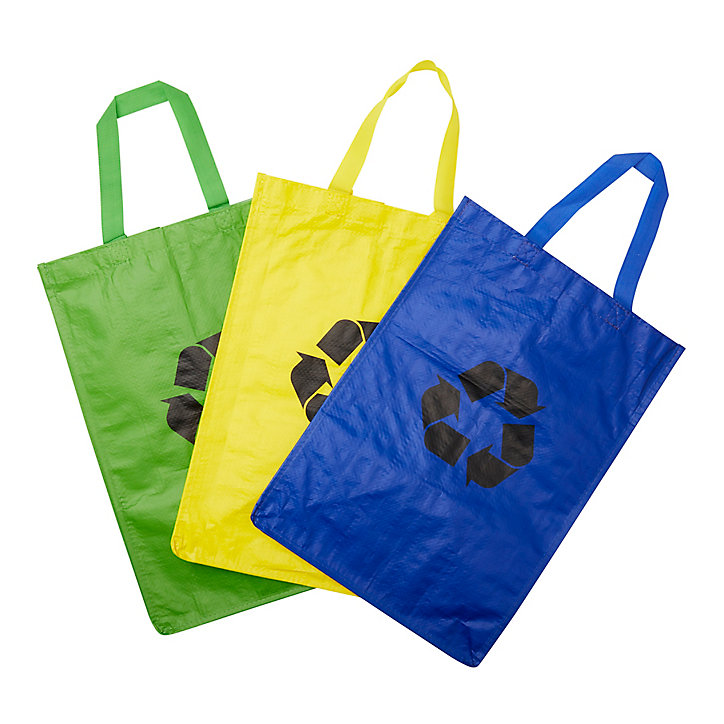 Lot 3 sacs de recyclage ménagers l.31 x H.44 cm bleu, vert et jaune