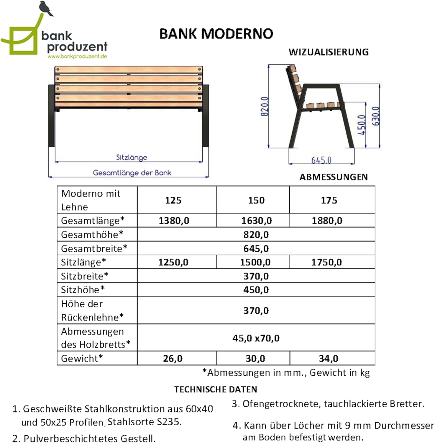 Gartenbank Wetterfest Holz 150cm - Holzbank Outdoor Pulverbeschichtet - Parkbank aus Skandinavische Fichte - Geschliffene Bretter - Bank mit Solider Rahmen (Moderno, Palisander)