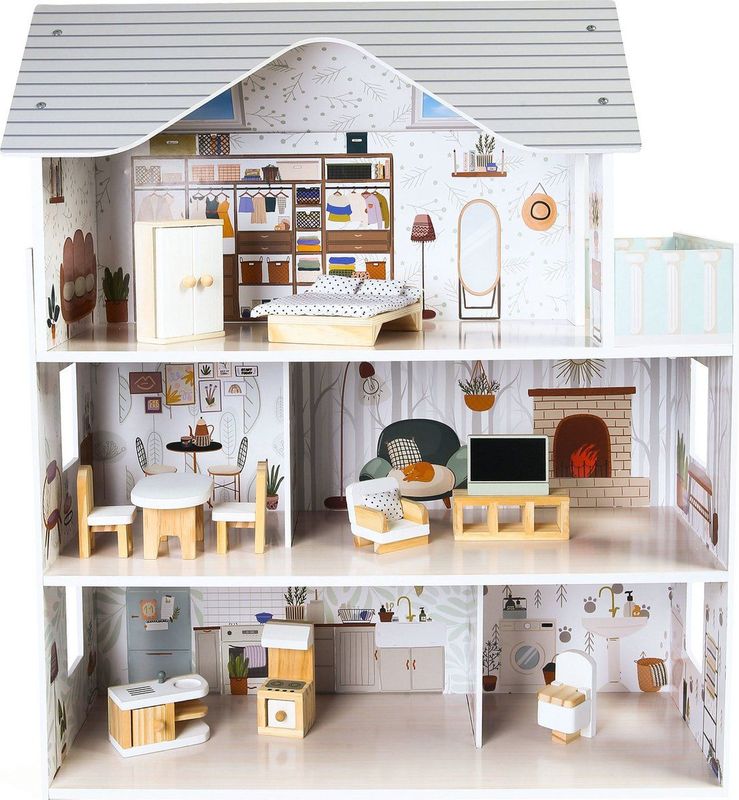 Poppenhuis - EMMA - Hout - 3 Niveaus - 10 Meubels en Accessoires
