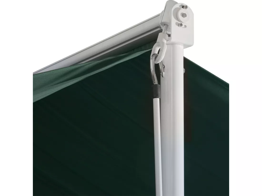 Store double pente manuel rétractable inclinaison réglable métal époxy blanc polyester imperméabilisé anti-UV vert dim. 3,95L x 2,98l x 2,55H m