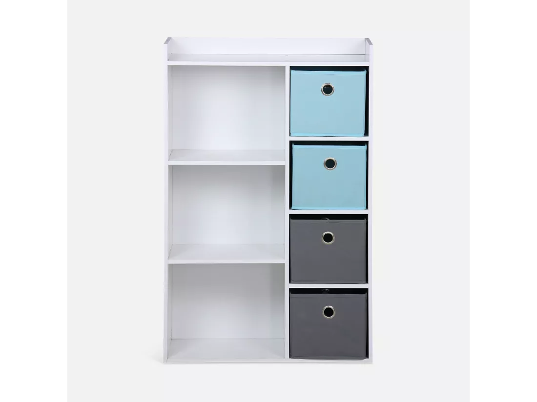 Meuble de rangement pour enfant. blanc - Camille - avec 7 compartiments et 4 paniers gris et bleus