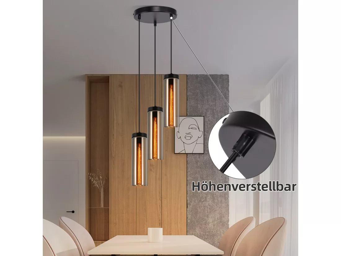 Lampe à Suspension Pour Table à Manger En Verre Noir Mat Rétro 3 Flammes E27