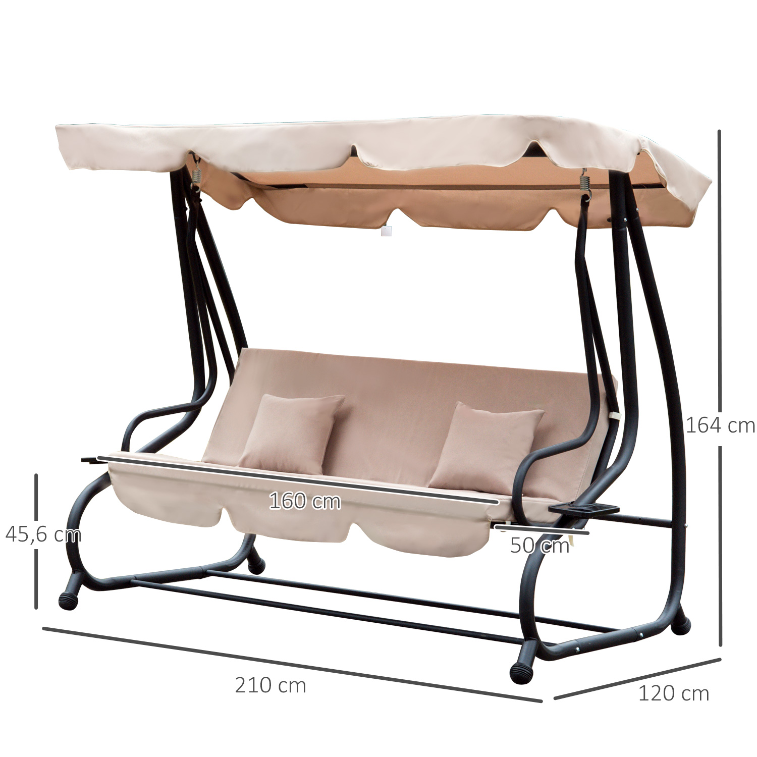 Cadeira de balanço de jardim Outsunny de 3 lugares, conversível em cama, com cobertura ajustável para proteção solar e bandeja para bebidas, ideal para pátio, varanda e uso externo. Suporta até 340 kg e mede 200 x 120 x 164 cm. Estrutura de aço.