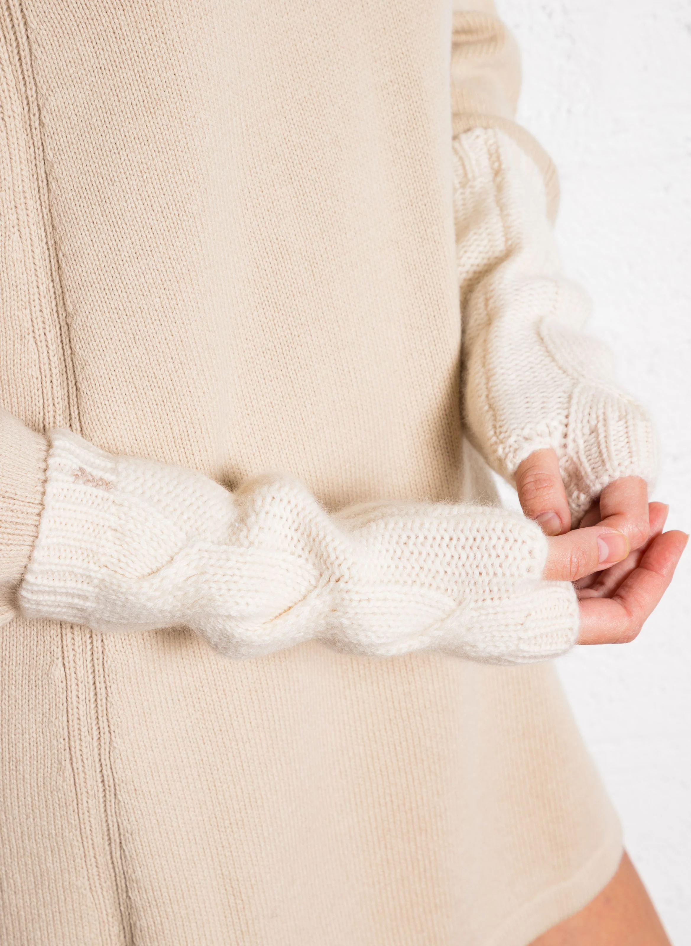 Mitaines maille tressée en cachemire| Blanc