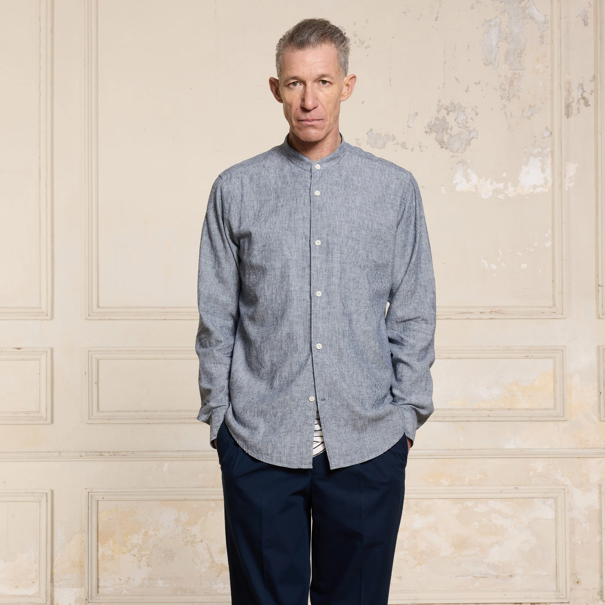 Cotton and linen shirt with fine blue stripes