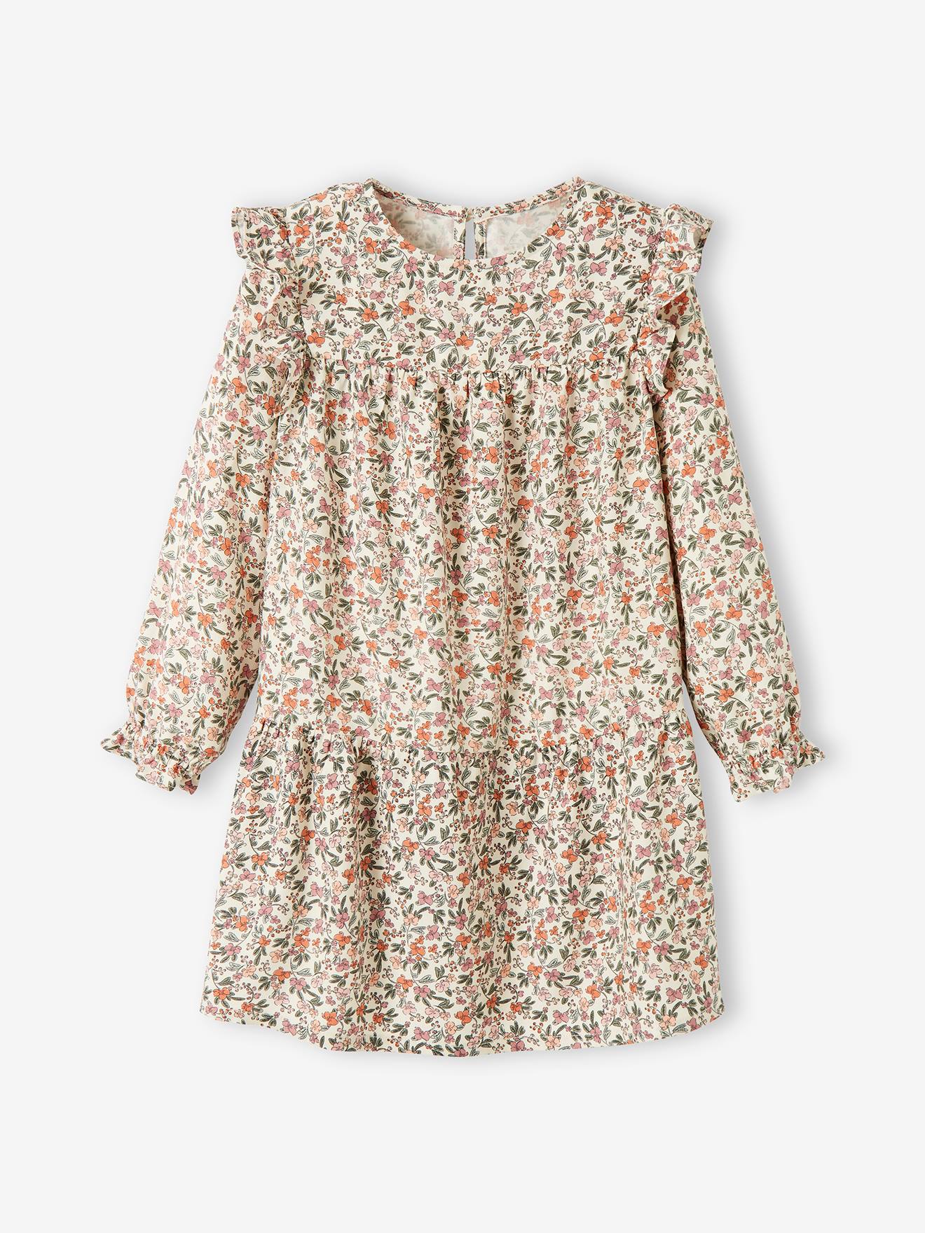 Vestido fluido com babados e motivos florais, para meninas, azul escuro