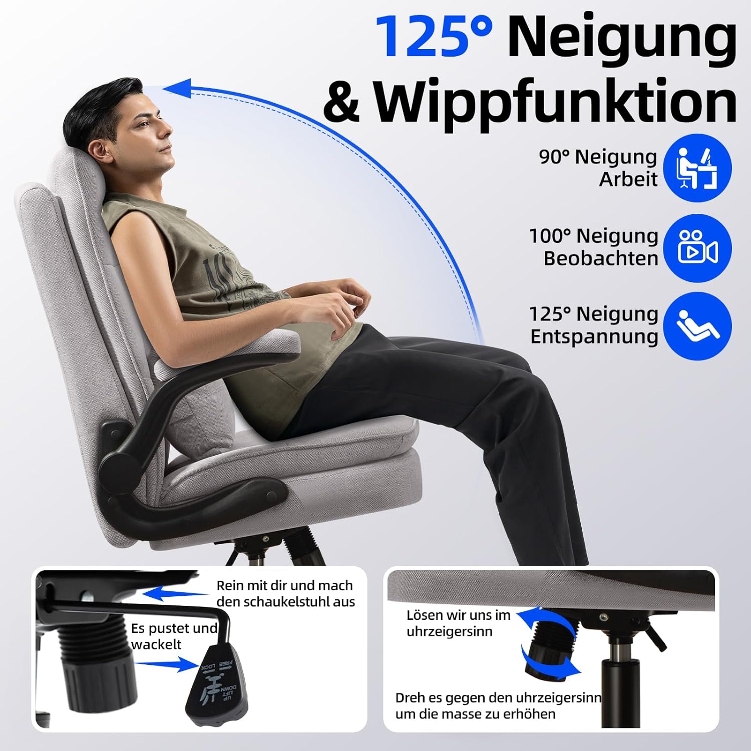 Bürostuhl Ergonomisch [TESTSIEGER] Schreibtischstuhl | Atmungsaktiver Stoff & Hohe Rückenlehne | Höhenverstellbar & Wippfunktion | Chefsessel 150 Kg | Drehstuhl Mit Rollen | PC Stuhl Grau