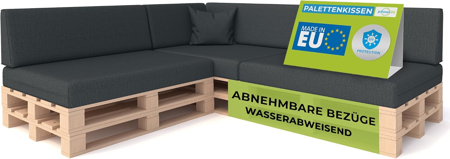 Palettenkissen 8-teiliges Set | Palettenauflage für Palettensofa | Rückenkissen & Sitzkissen für Europaletten | Palettenmöbel für Indoor & Outdoor mit UV-beständig | Made in EU | Graphit