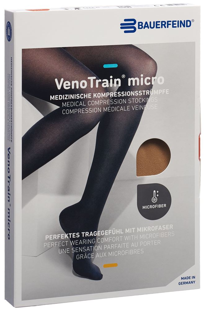 Bauerfeind VenoTrain Micro KKL2 AG<br>1 Paar, M, plus/long geschlossene Fussspitze Mikronoppenhaftband caramel