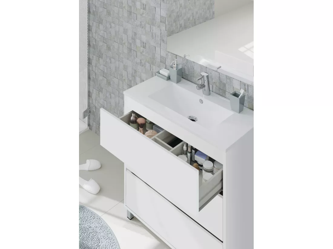 Meuble de salle de bain avec 3 portes coloris blanc - Hauteur 88 x Longueur 81 x Profondeur 47 cm