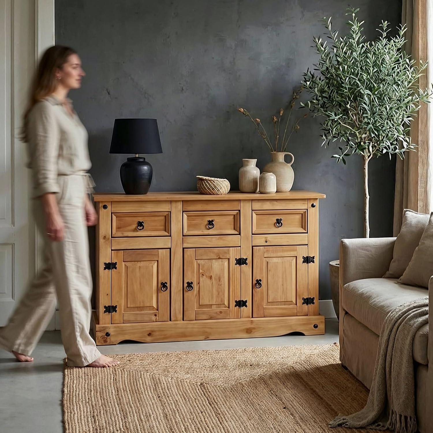 CARO-Möbel Sideboard Salsa Kommode Mexiko Stil Highboard Anrichte Kiefer massiv gebeizt, gewachst mit 3 Schubladen und 3 Türen